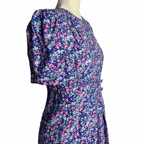 Vintage Floral Pleated Midi Dress Blue Cottagecore - Picture 6 of 10